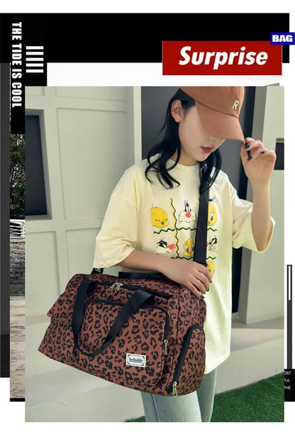 Classic Leopard Print Large Capacity Leisure Luggage Bag with Multiple Pockets and Shoe Compartment Sports Fitness Travel Bag NovaCart