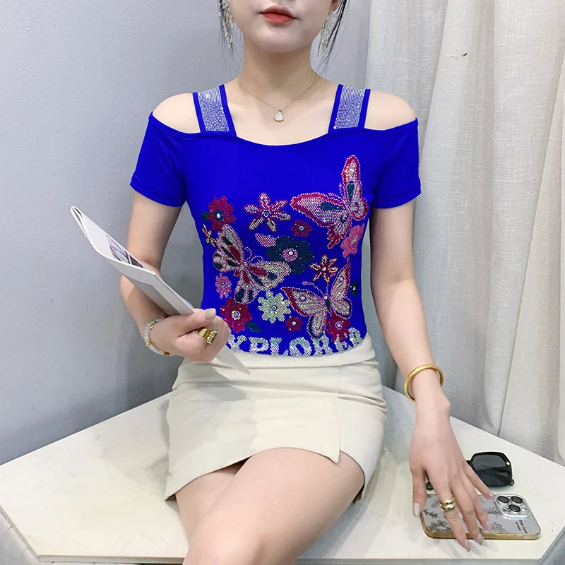 M-3XL Summer European Women's Clothes High Quality T-Shirt Luxury Hot Diamonds Design Slim Tees Sexy Girls Streetwear Tops NovaCart