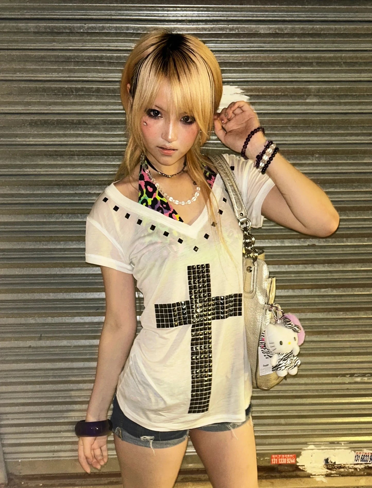 Karrram Japanese Y2k Metal Cross Print T-shirt Vintage Harajuku Short Sleeve Sheer Tops Trashy 2000s V-neck Streetwear Grunge NovaCart