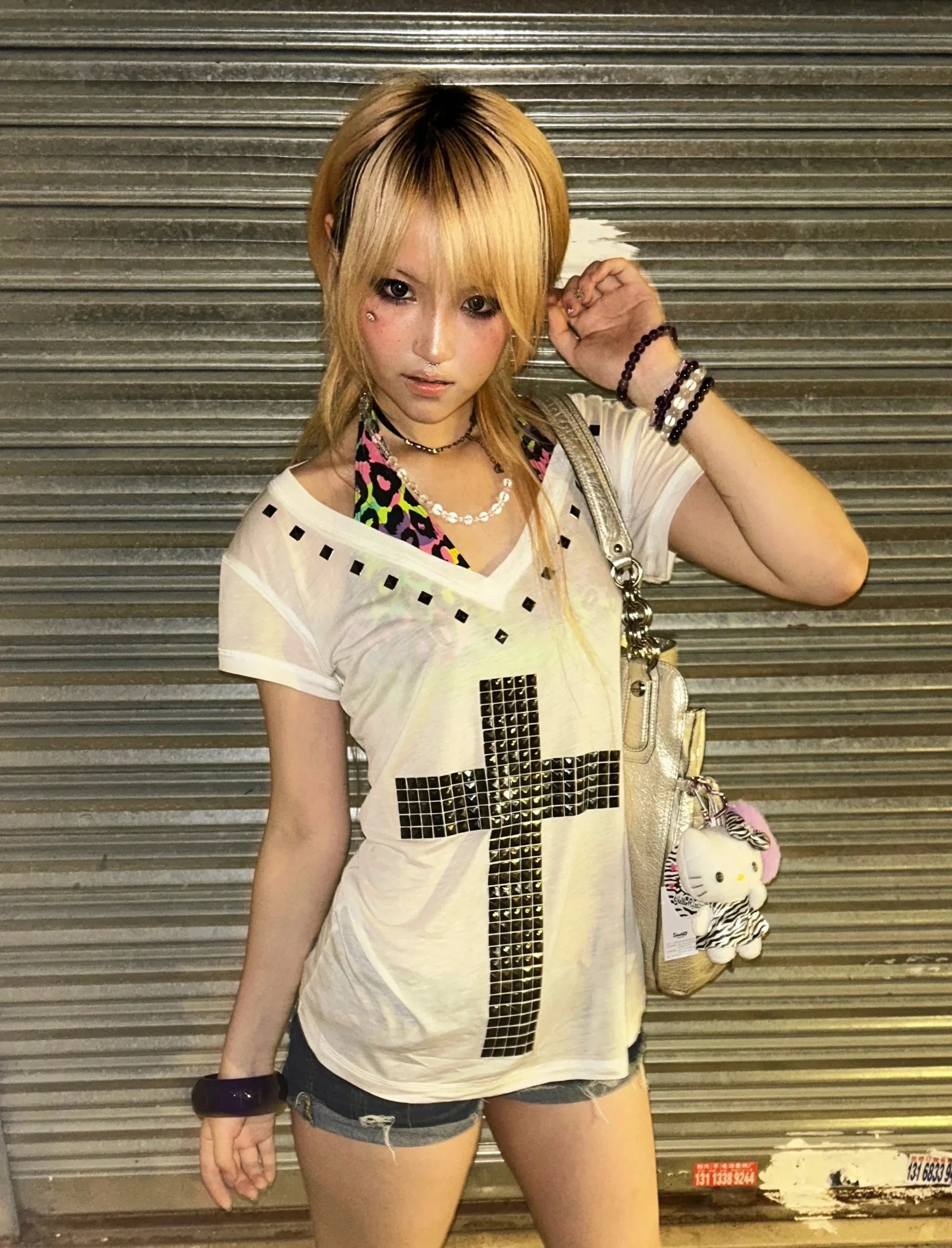 Karrram Japanese Y2k Metal Cross Print T-shirt Vintage Harajuku Short Sleeve Sheer Tops Trashy 2000s V-neck Streetwear Grunge NovaCart