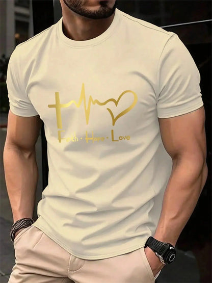 Men's Summer 100% Cotton Fashionable Casual Loose Large Size FAITH HOPE LOVE Printed Sports Round Neck Short Sleeve T-shirt Top NovaCart