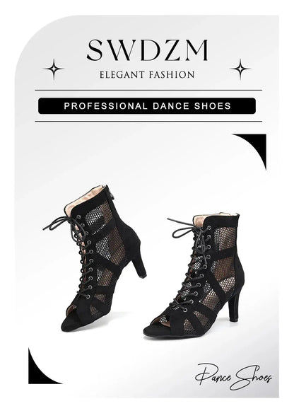 Women Latin Dance Shoes Black Boots High-Top High Heels Salsa Sandals Mesh Tango Boots Ladies Woman Party Ballroom Dance Shoes NovaCart