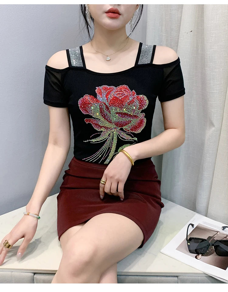 M-3XL Summer European Women's Clothes High Quality T-Shirt Luxury Hot Diamonds Design Slim Tees Sexy Girls Streetwear Tops NovaCart