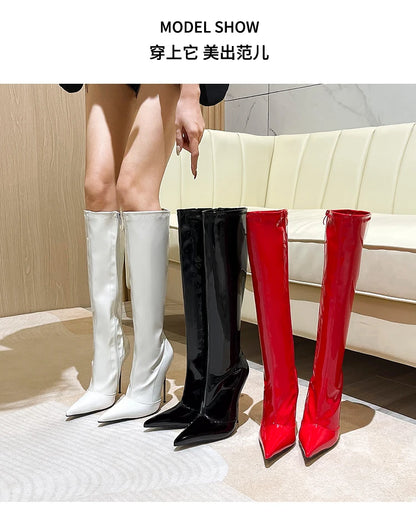 Knee-High Pointy Toe Women Boots 13cm Ultra Thin Steel High Heels Metal Heel Patent Leather Wide Calf Boots for Women Plus Size NovaCart