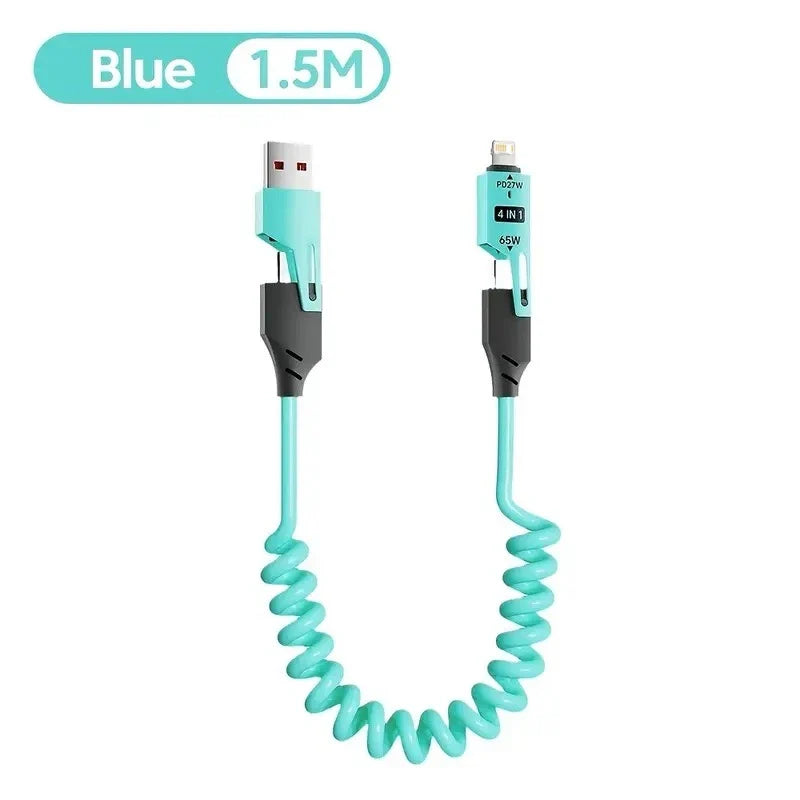 4 in 1 65W Spring Short Data Cable 6A USB Type C Spring Telescopic Quick Charger Wire Spring USB Cable for iPhone 15 14 13 12 Pi-Mart