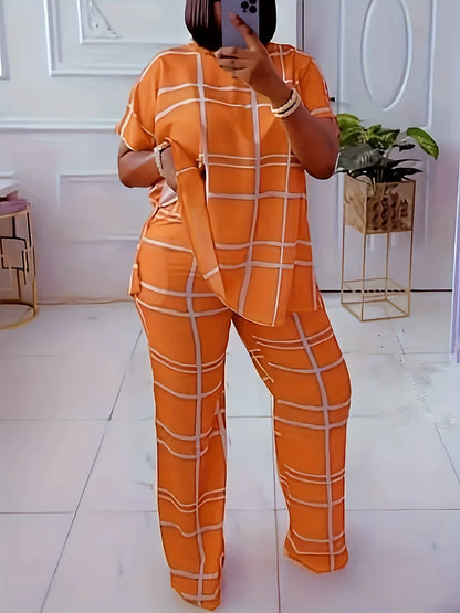 Elements Striped Grid Printed Casual Round Neck  Two Piece Set