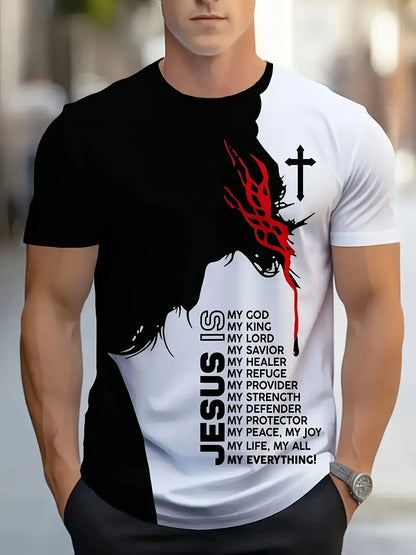 1pc Men'S Casual Polyester T-Shirt with 3D Jesus Graphic Print,Crew Neck,Short Sleeve,Slight Stretch Knit Fabri NovaCart