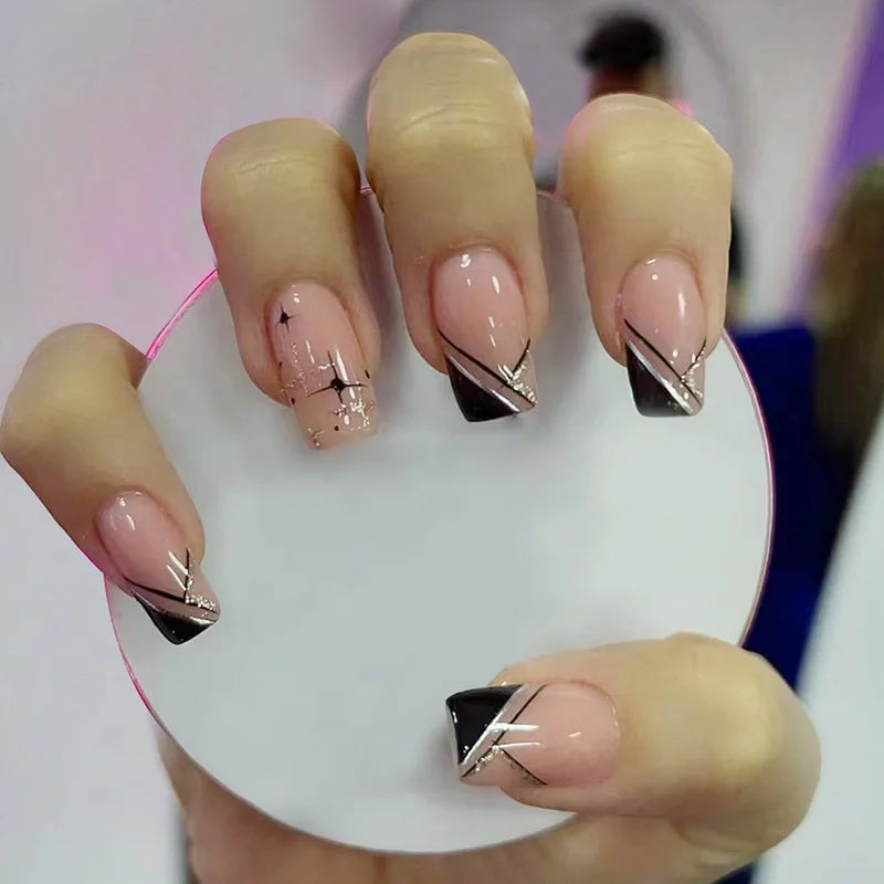 24Pcs Short Square Coffin False Nails Square Fake Nails with Glue French Glitter Wearable Acrylic Nails Set Press on Nail Tips NovaCart