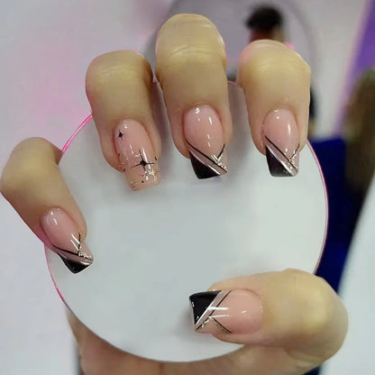 24Pcs Short Square Coffin False Nails Square Fake Nails with Glue French Glitter Wearable Acrylic Nails Set Press on Nail Tips NovaCart