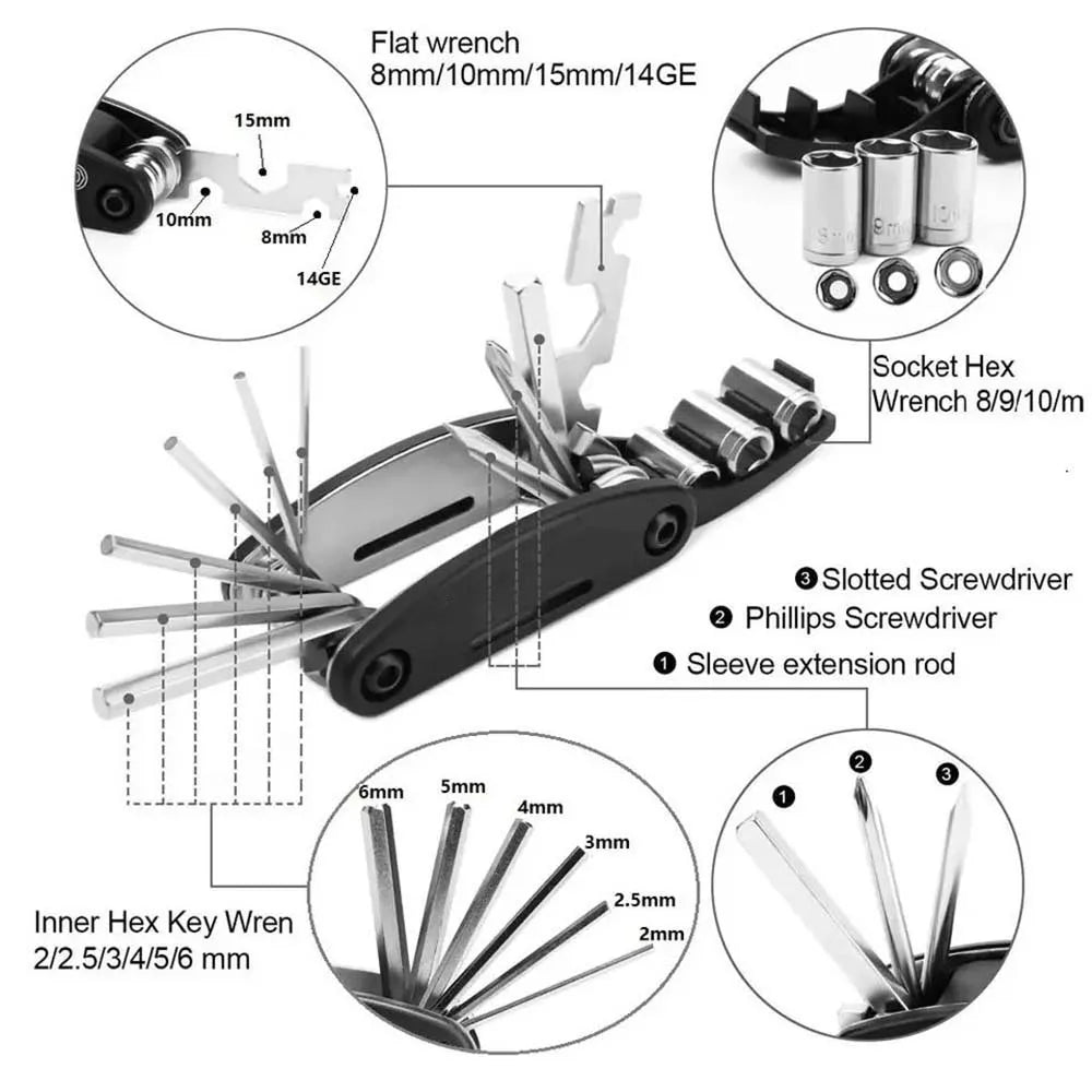 16 in 1 Portable Bicycle Repair Tools Kit Hex Wrench Nut Tire Screwdriver Motorcycle Bicycle Repair Tools Pi-Mart