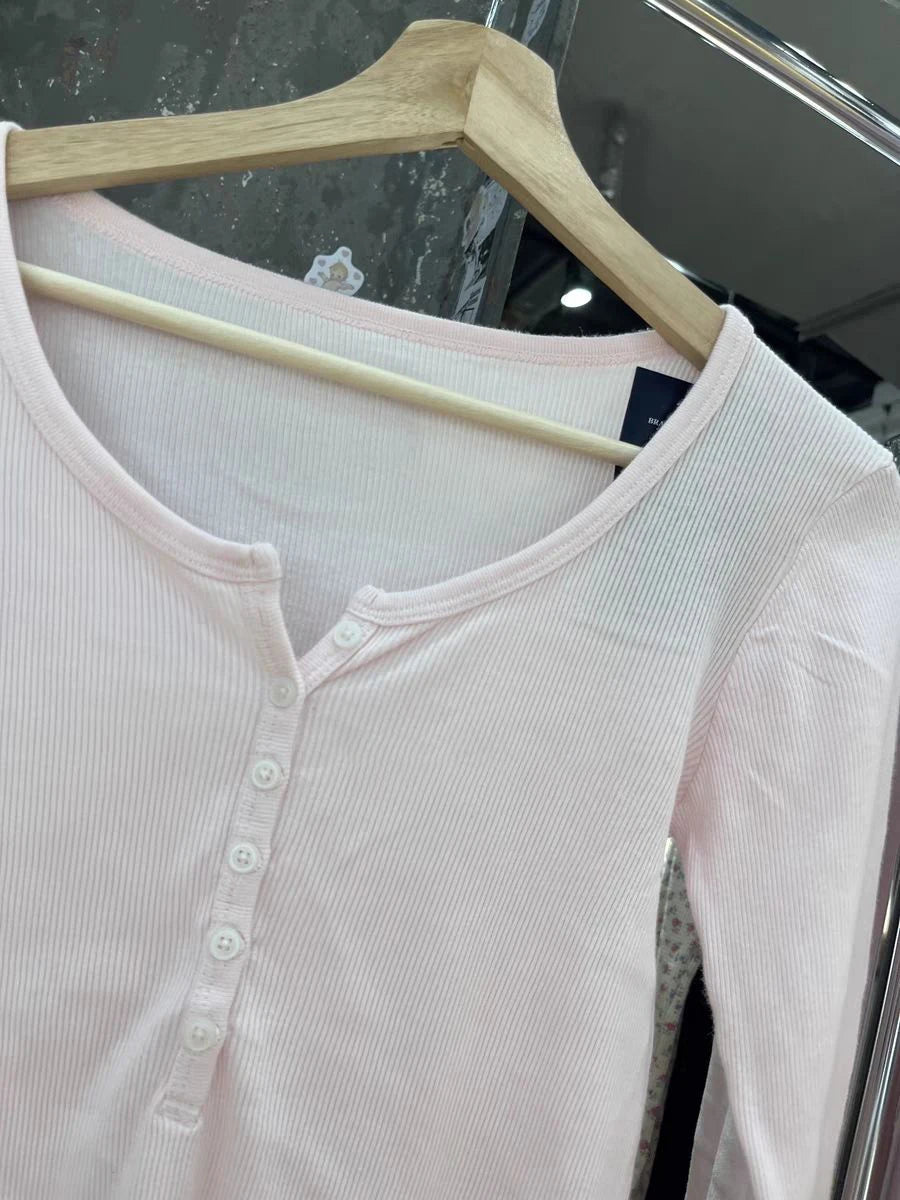 Six Buttons Ribbed Long Sleeve T-shirts Women Spring Round Neck Cotton Slim Tee Top Female Sweet Cute Pink Tshirt Y2k Tops New NovaCart