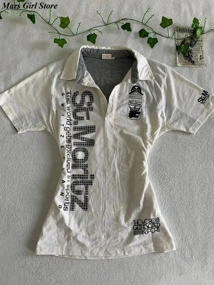 Y2K Japanese Streetwear Polo Shirt Women Slim Crop Tee 2025 White Short Sleeve Tops Letter Badge Houndstooth Vintage Harajuku NovaCart