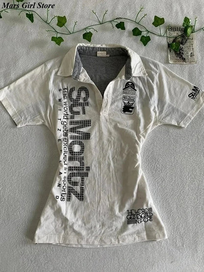Y2K Japanese Streetwear Polo Shirt Women Slim Crop Tee 2025 White Short Sleeve Tops Letter Badge Houndstooth Vintage Harajuku NovaCart