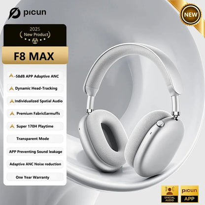 Picun F8MAX ANC Wireless Headphone 59dB Hybrid Active Noise Canceling Spatial Audio Earphone Bluetooth 6.0 Over Ear Headset 180H NovaCart