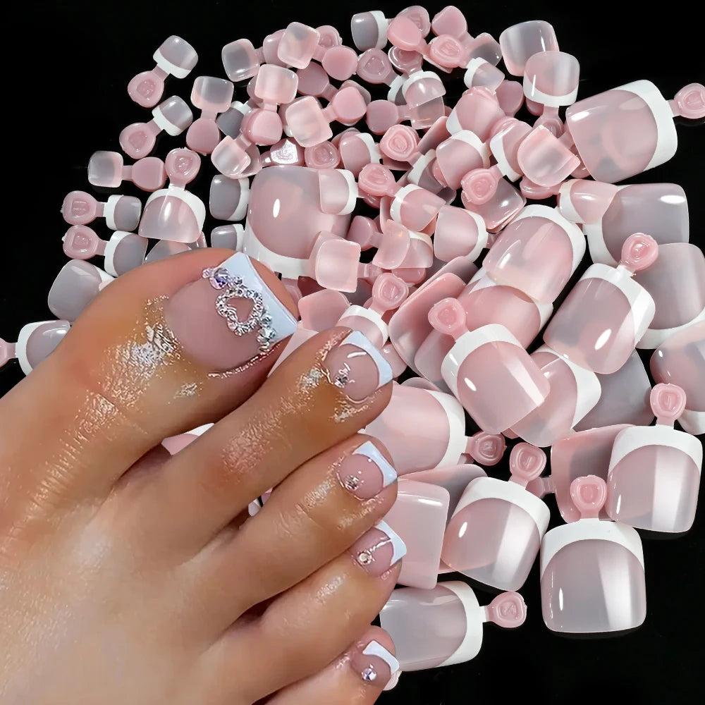 120pcs/Box French Tip Press-On Toenails Pink Color System Square Shape Foot Nails Short Length Glossy Finish False Toe Nails Set NovaCart