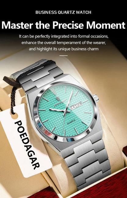 POEDAGAR Top Exquisite Male Watch Stainless Steel Waterproof Luminous Fashion Quartz Men's Watches Date Week Wristwatch For Men NovaCart