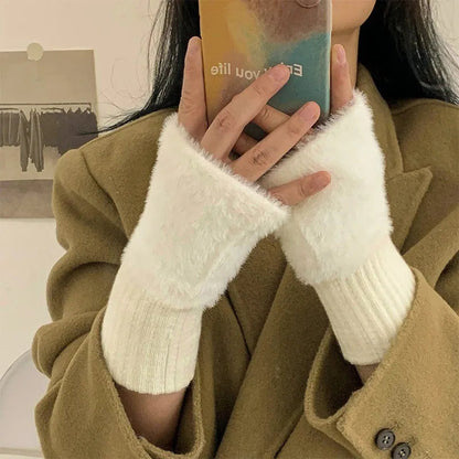 Women's Warm Plush Half-Finger Gloves for Autumn Winter Multi-Functional Cute Office Wear Cold-Resistant Fingerless Mittens Pi-Mart