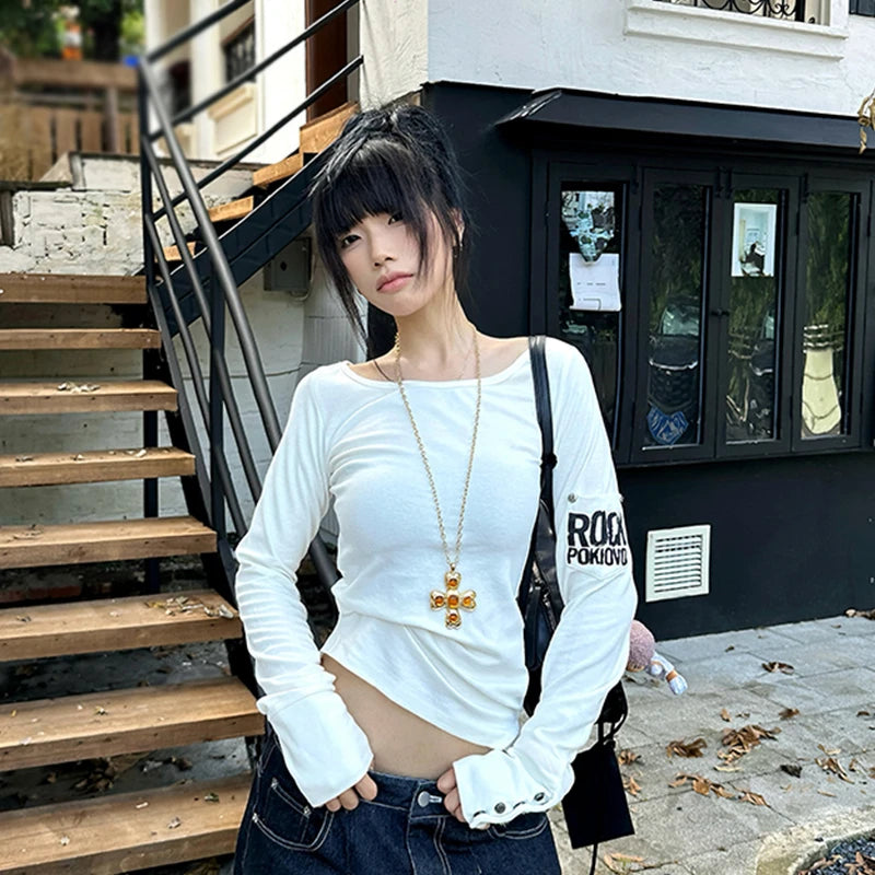 Tonngirls American Retro Print T-shirt Women Long Sleece Button Graphic Tops Y2k Tops 2000s Japanese Grunge Tops E-girls Autumn NovaCart