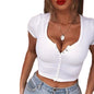 Women clothes Ladies Button Square Neck Tops Short Sleeve square collar pullover T-shirts