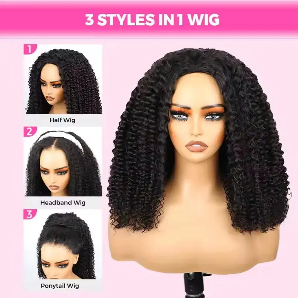 16 Inch 3 IN 1 Half Wig With Drawstring Seamless Human hair Wigs Kinky Curly Headband Wig Upgrade for Women Summer Machine Wigs NovaCart