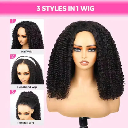 16 Inch 3 IN 1 Half Wig With Drawstring Seamless Human hair Wigs Kinky Curly Headband Wig Upgrade for Women Summer Machine Wigs NovaCart