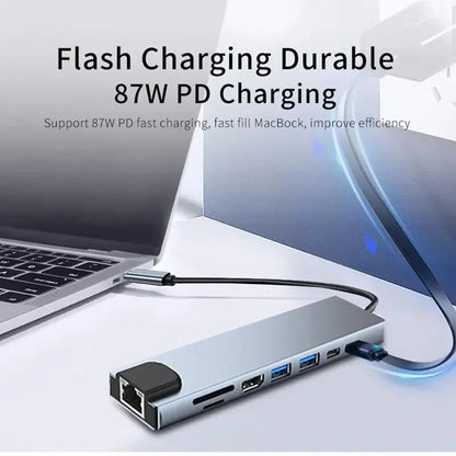 USB C Hub 8In1 7in2 7in1 Type C 3.1 To 4K HDMI Adapter with RJ45 SD/TF Card Reader PD Fast Charge for MacBook Notebook Laptop Pi-Mart