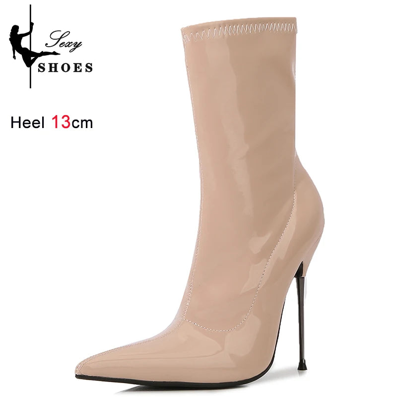 Knee-High Pointy Toe Women Boots 13cm Ultra Thin Steel High Heels Metal Heel Patent Leather Wide Calf Boots for Women Plus Size NovaCart