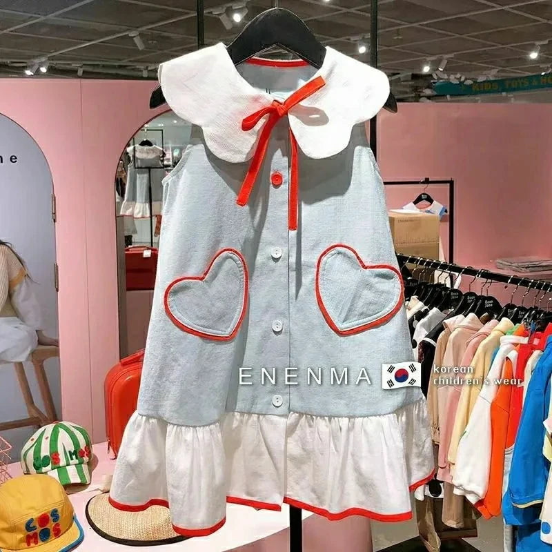 Girls Dress Korean Children's Summer Style Girls' Ruffle Collar Sleeveless Dress Children's Fashionable Love Lace up Vest Skirt NovaCart