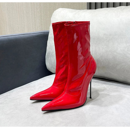 Knee-High Pointy Toe Women Boots 13cm Ultra Thin Steel High Heels Metal Heel Patent Leather Wide Calf Boots for Women Plus Size NovaCart