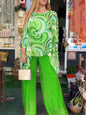 Print Chiffon Two Piece Set Women O Neck Long Sleeve Top Wide Leg Pants