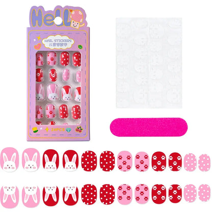 24Pcs/box Kids nails for Girl Cartoon Pattern False Nail Cute Child Fake Nails Tips Kawaii Acrylic Artificial Press on Nail+Tool NovaCart