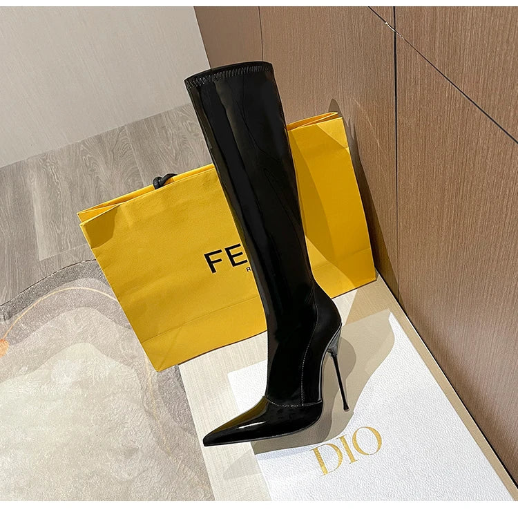 Knee-High Pointy Toe Women Boots 13cm Ultra Thin Steel High Heels Metal Heel Patent Leather Wide Calf Boots for Women Plus Size NovaCart