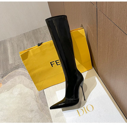 Knee-High Pointy Toe Women Boots 13cm Ultra Thin Steel High Heels Metal Heel Patent Leather Wide Calf Boots for Women Plus Size NovaCart