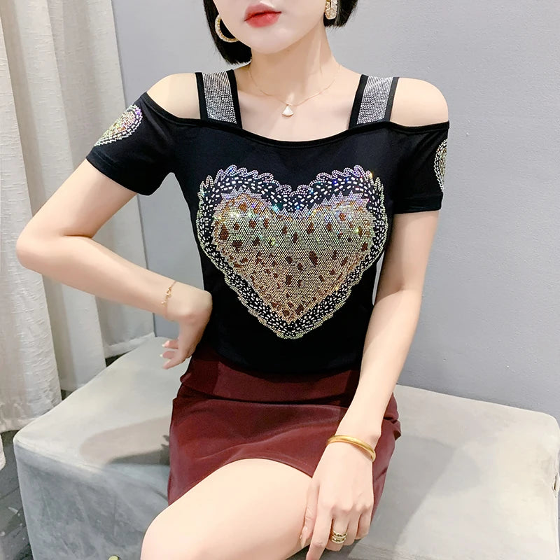 Women's Clothes New Design Sexy Off Shoulder Shiny Diamonds T-Shirts Luxury Brand Mesh Tees Tops Blouse Shirt NovaCart