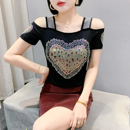 Women's Clothes New Design Sexy Off Shoulder Shiny Diamonds T-Shirts Luxury Brand Mesh Tees Tops Blouse Shirt NovaCart