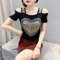 Women's Clothes New Design Sexy Off Shoulder Shiny Diamonds T-Shirts Luxury Brand Mesh Tees Tops Blouse Shirt NovaCart