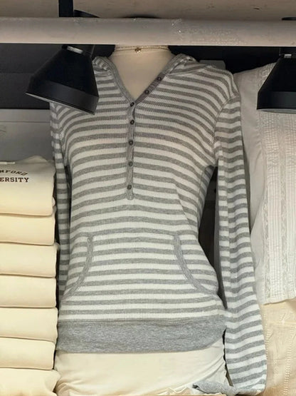 Gray Striped Waffle Hooded T-shirt Women Five  Button CottonSlim Long Sleeve Tee Shirt Casual Preppy Style Vintage Tshirt Y2k NovaCart