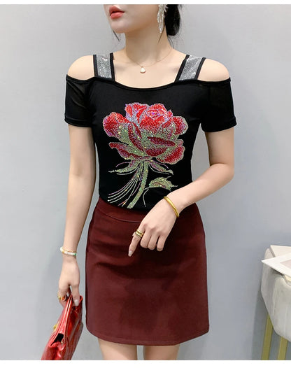 M-3XL Summer European Women's Clothes High Quality T-Shirt Luxury Hot Diamonds Design Slim Tees Sexy Girls Streetwear Tops NovaCart
