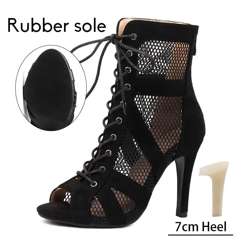 Women Latin Dance Shoes Black Boots High-Top High Heels Salsa Sandals Mesh Tango Boots Ladies Woman Party Ballroom Dance Shoes NovaCart
