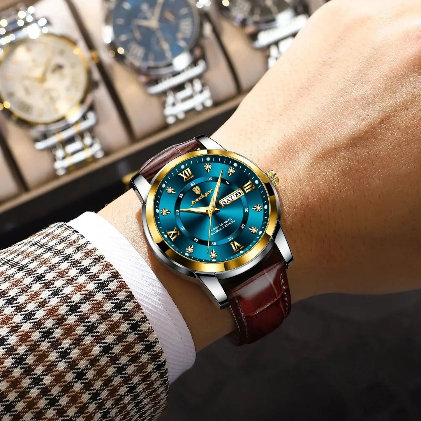 POEDAGAR Luxury Business Male Wristwatch Waterproof Luminous Leather Man Watch Date Week Sport Casual Men's Quartz Watches reloj NovaCart