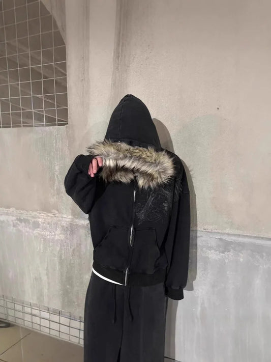 Autumn/Winter Y2k Women Aesthetic Harajuku Faux Fur Collar Hoodies Clothes Graphic Hip Hop Punk Gothic Zip Up Hoodies 2025 new NovaCart