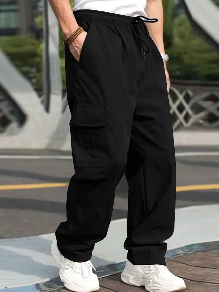 Men s Loose Cargo Long Pants Solid Color Drawstring Waist Straight Leg Trousers Casual Work Pants with Pockets NovaCart