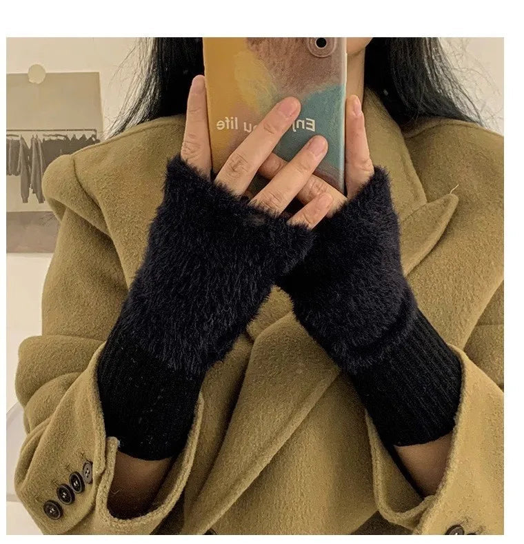 Women's Warm Plush Half-Finger Gloves for Autumn Winter Multi-Functional Cute Office Wear Cold-Resistant Fingerless Mittens Pi-Mart
