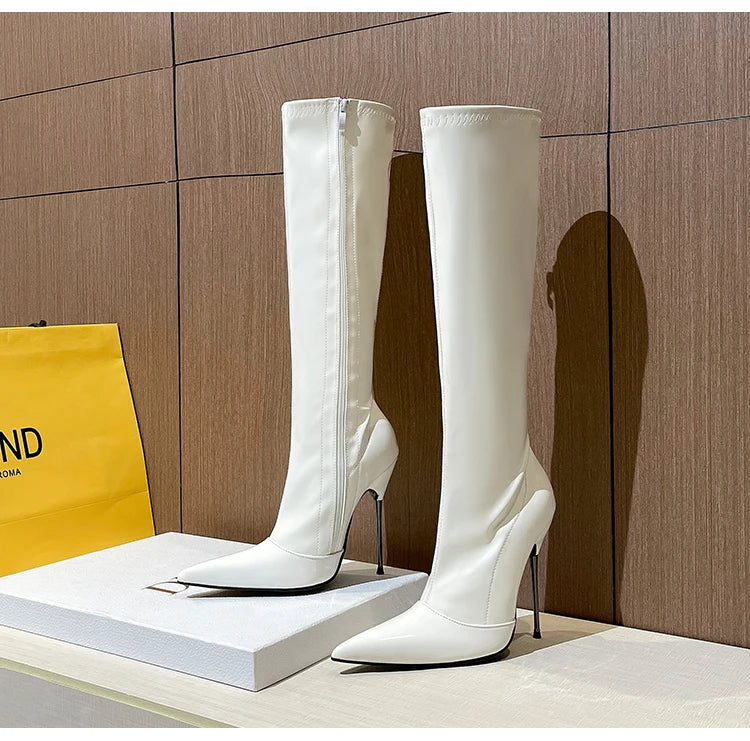 Knee-High Pointy Toe Women Boots 13cm Ultra Thin Steel High Heels Metal Heel Patent Leather Wide Calf Boots for Women Plus Size NovaCart