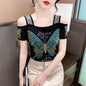 Women's Clothes New Design Sexy Off Shoulder Shiny Diamonds T-Shirts Luxury Brand Mesh Tees Tops Blouse Shirt NovaCart