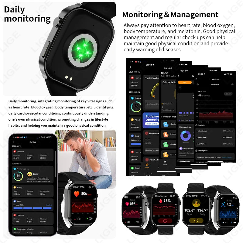 LIGE New Blood Lipid Uric Acid Analysis Health Smart Watch For Men Women Blood Pressure Blood Oxygen Clock Call Smart Watch 2026 NovaCart