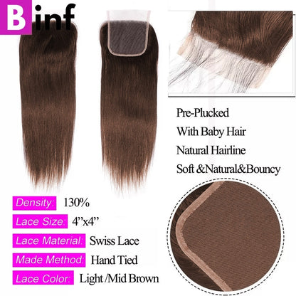 Chocolate Brown Bone Straight Human Hair Bundles with 4x4 Lace Closure Frontal Remy Brazilian Hair Weave Bundles with Closure HOL stores