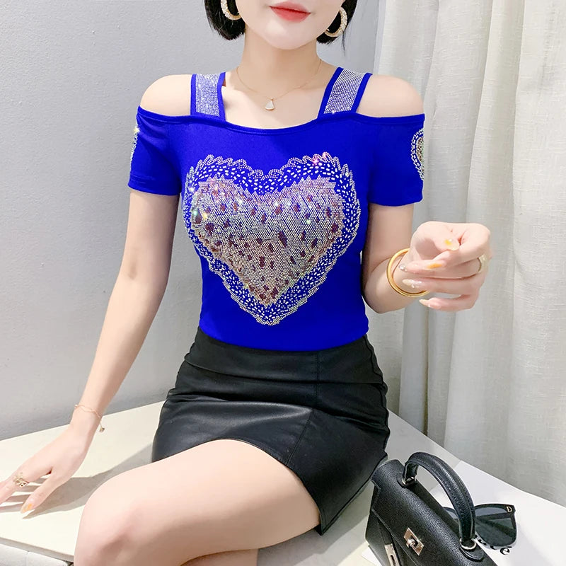 Women's Clothes New Design Sexy Off Shoulder Shiny Diamonds T-Shirts Luxury Brand Mesh Tees Tops Blouse Shirt NovaCart