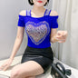 Women's Clothes New Design Sexy Off Shoulder Shiny Diamonds T-Shirts Luxury Brand Mesh Tees Tops Blouse Shirt NovaCart
