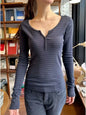 Six Buttons Ribbed Long Sleeve T-shirts Women Spring Round Neck Cotton Slim Tee Top Female Sweet Cute Pink Tshirt Y2k Tops New NovaCart